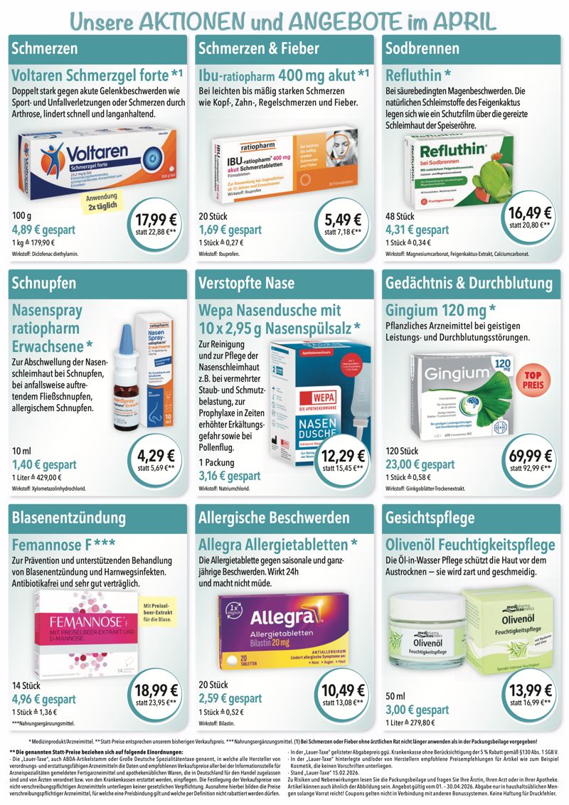 Monatlicher Angebotsflyer der Apotheke im Chinon Center mit Informationen zu Öffnungszeiten, Leistungen, Aktionen und wechselnden Produktangeboten aus Bereichen wie Gesundheit, Pflege und Selbstmedikation.